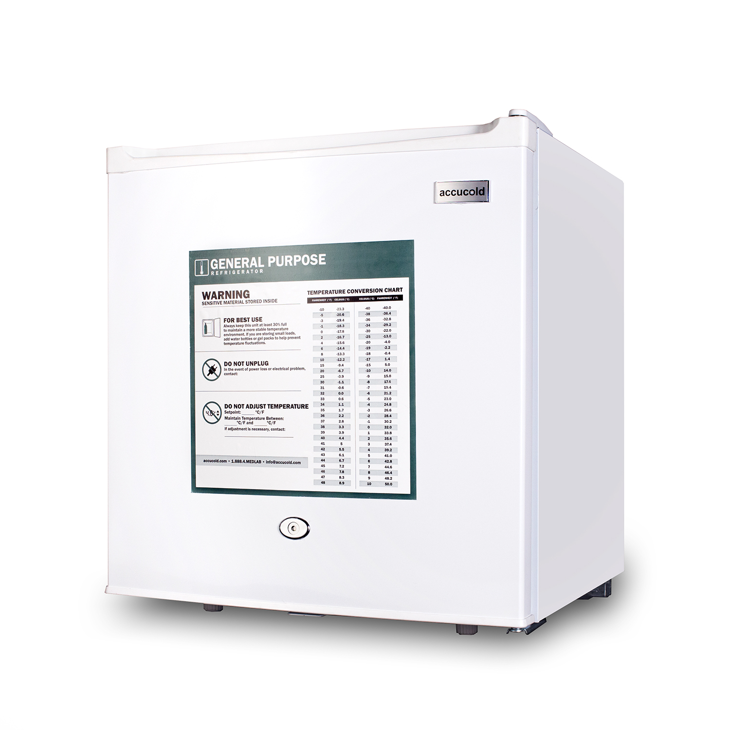 Compact 1.7 cu.ft. general purpose all-refrigerator in white with automatic defrost, front lock, and flat door liner